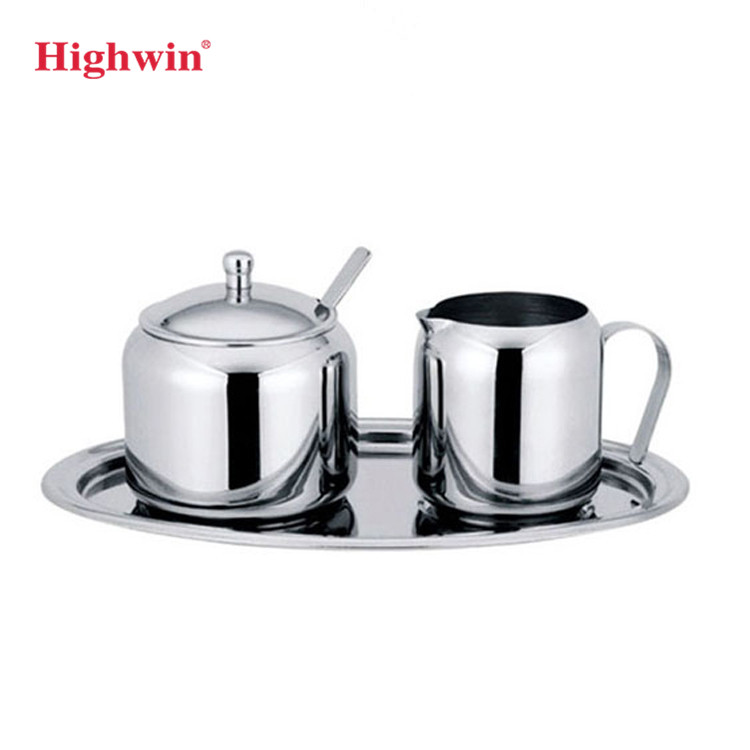 Highwin Factory Stainless Steel Coffee Shop Restaurant Milk Pot and Sugar Bowl with Spoon Set