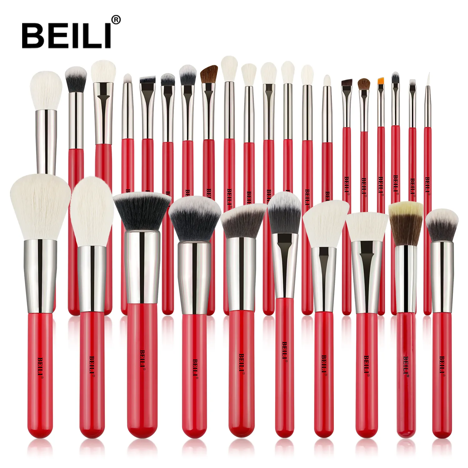 BEILI Wholesale Red Natural Goat Professional 24pcs Makeup Brush set high quality private label set de brochas para maquillaje