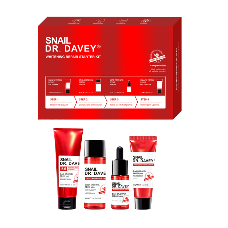 DR.DAVEY Улитка отбеливание кожи полный набор для ухода за лицом-4-в-1 комплект с крем для лица, сыворотка, восстановление кожи для ухода за кожей лица