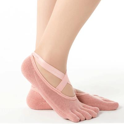 Women Solid Color Pink Anti Slip Durable 5 Toes Cotton Ballet Yoga Socks
