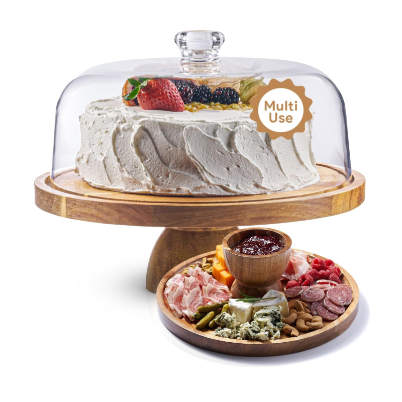 Acacia Wood Christmas Cake Stand with Lid, 2-in-1 Dessert Display & Charcuterie Board, Large Acrylic Dome Cover