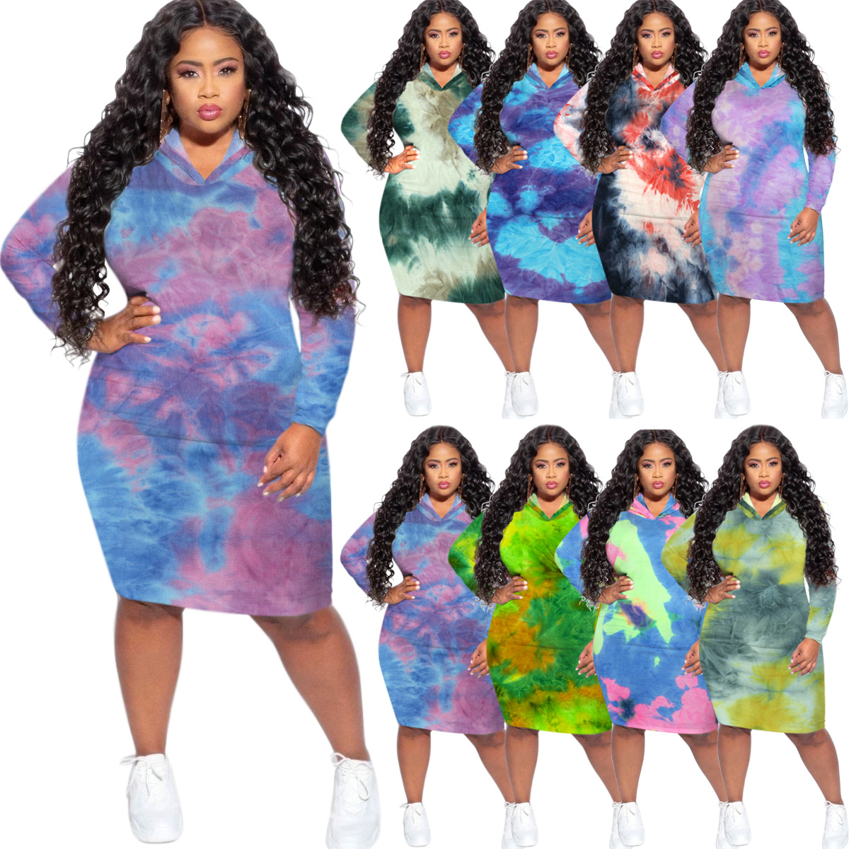 Wholesale round collar print knee-length dress long sleeve fashion tie dye skirt Ladies floral high elastic hooded dress