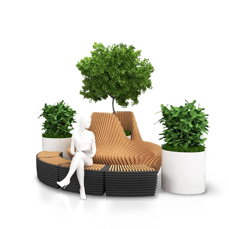 Commercial Furniture Design Black Public Wood Bench Furniture Set With Planter Pot