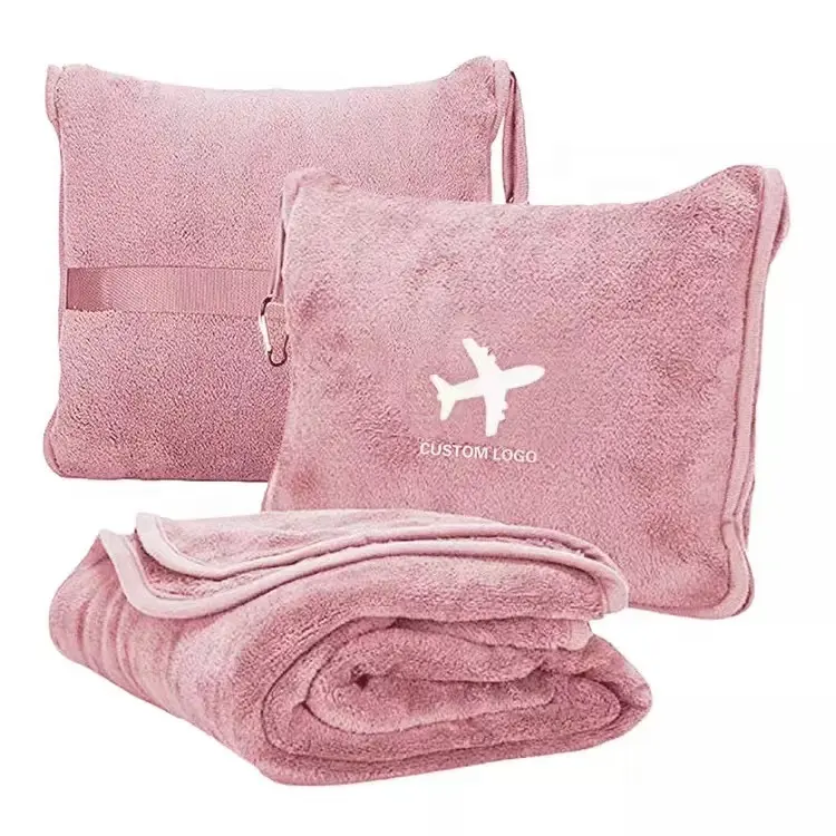 Various colors custom logo airplane blanket foldable pink travel pillow blanket 2 in 1 bag with zipper