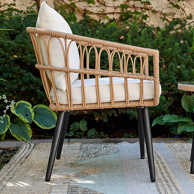 Quality Outdoor Patio Living 3 Piece table and chairs set modern Tan Wicker Linen Cushions