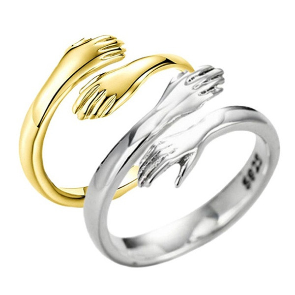 Vintage Adjustable Gold Plated Couple Hug Hand Rings Alloy Hands Embracing Opening Rings