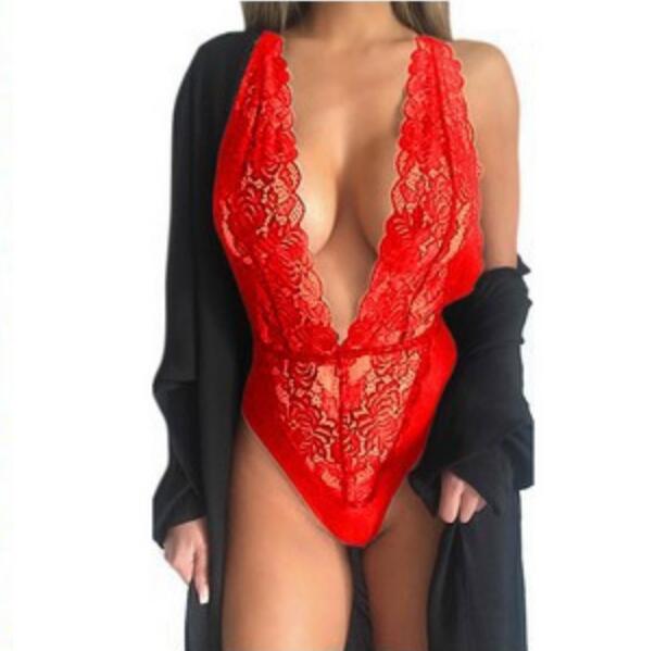 Wholesale new design sexy transparent deep-v backless lace lingerie bodysuit