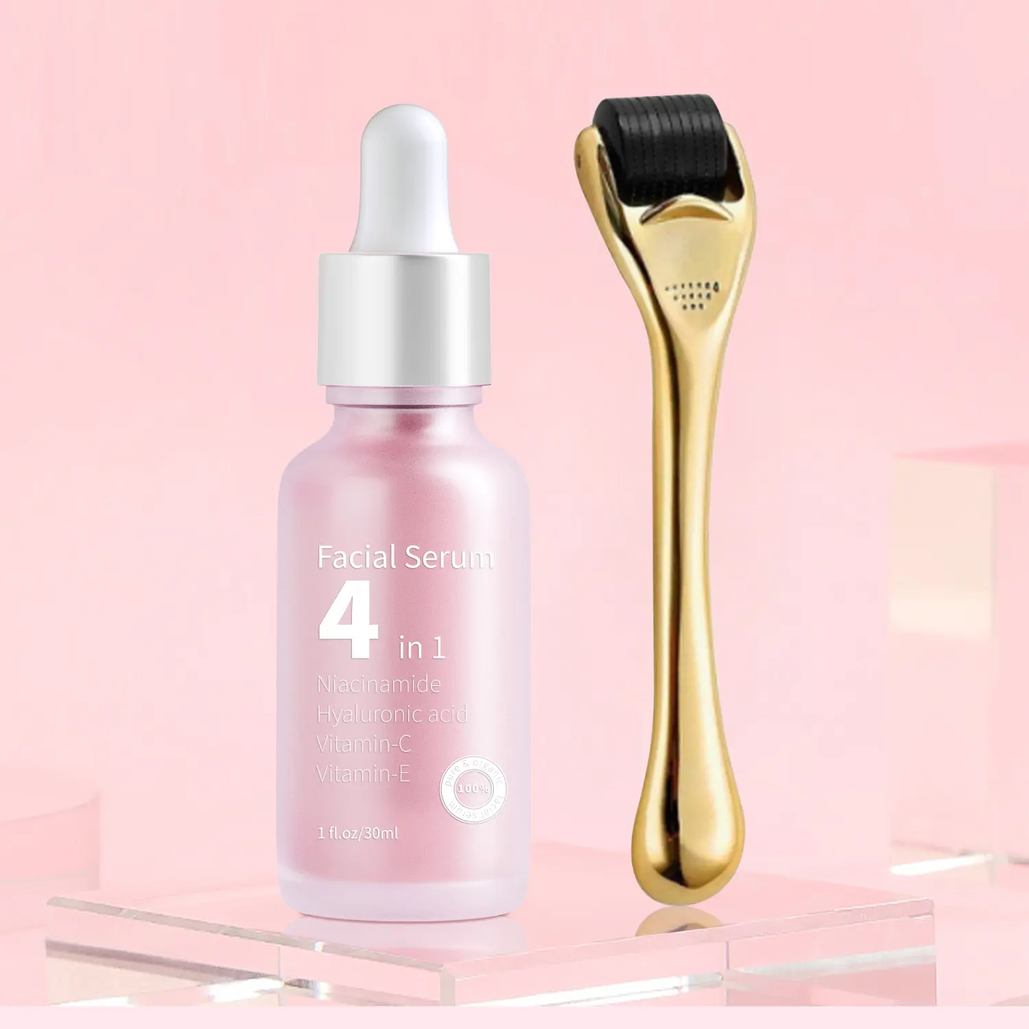 4 in 1 Skin Care Serum Whitening 30% Vitamin C Serum with Hyaluronic Acid Vitamin E Nicotinamide with roller set