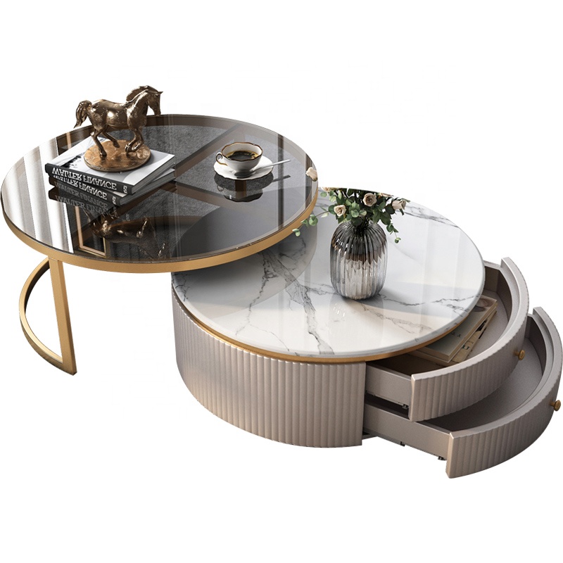 Foshan Jieshi Luxury Furniture Gold Stainless Steel Frame Sectional Coffee Table with Glass Marble Round Tea Table