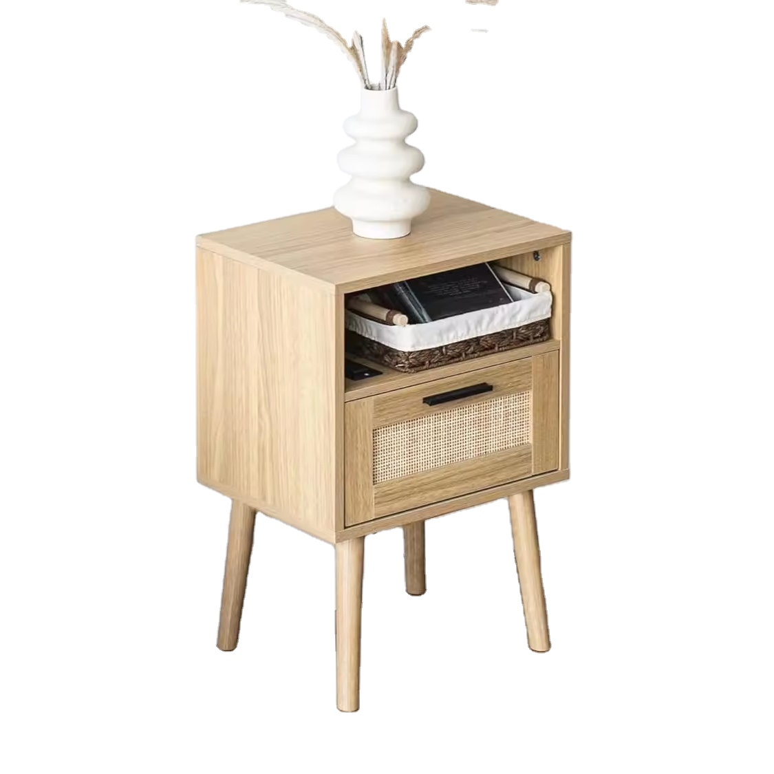 Mid Century Modern End Table Natural Rattan Nightstand With Charging Station Wooden Bedside Tables With Storage Drawer