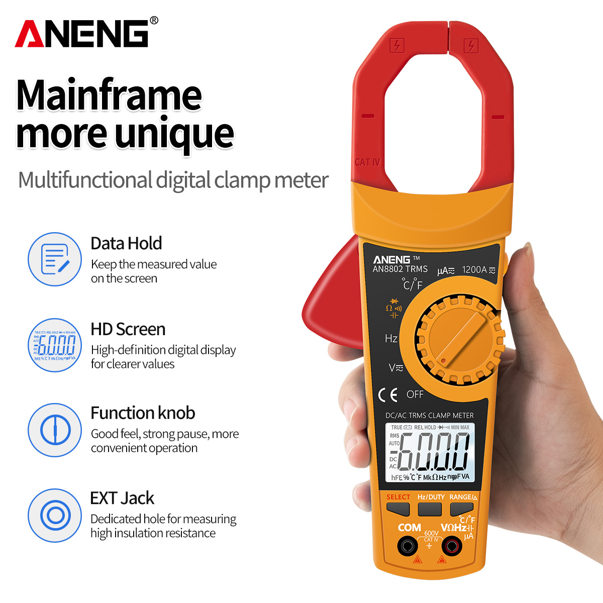ANENG AN8802 Digital Smart Multimetro True RMS Clamp Meters AC/DC Current Tester Electric Ampere Frequency Voltmeter 1200A Tool