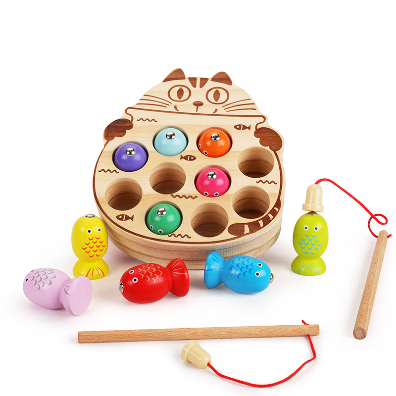 Милый Кот, деревянная игра для рыбалки, игрушки для малышей, обучение навыкам, магнитный шест, зажим, рыбы, бусины, развивающая интеллектуальная игрушка