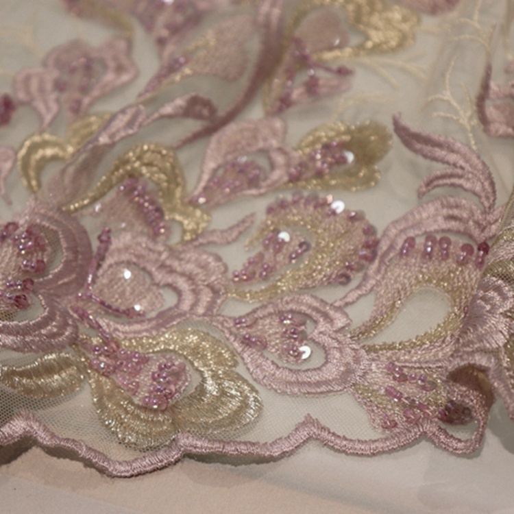 Hot sale 100% polyester embroidery textile luxurious sequin hand beaded swiss lace fabric for dress