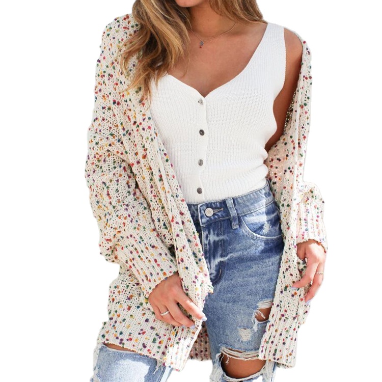 Women Casual Confetti Blotch Long Knit Cardigan With Pockets