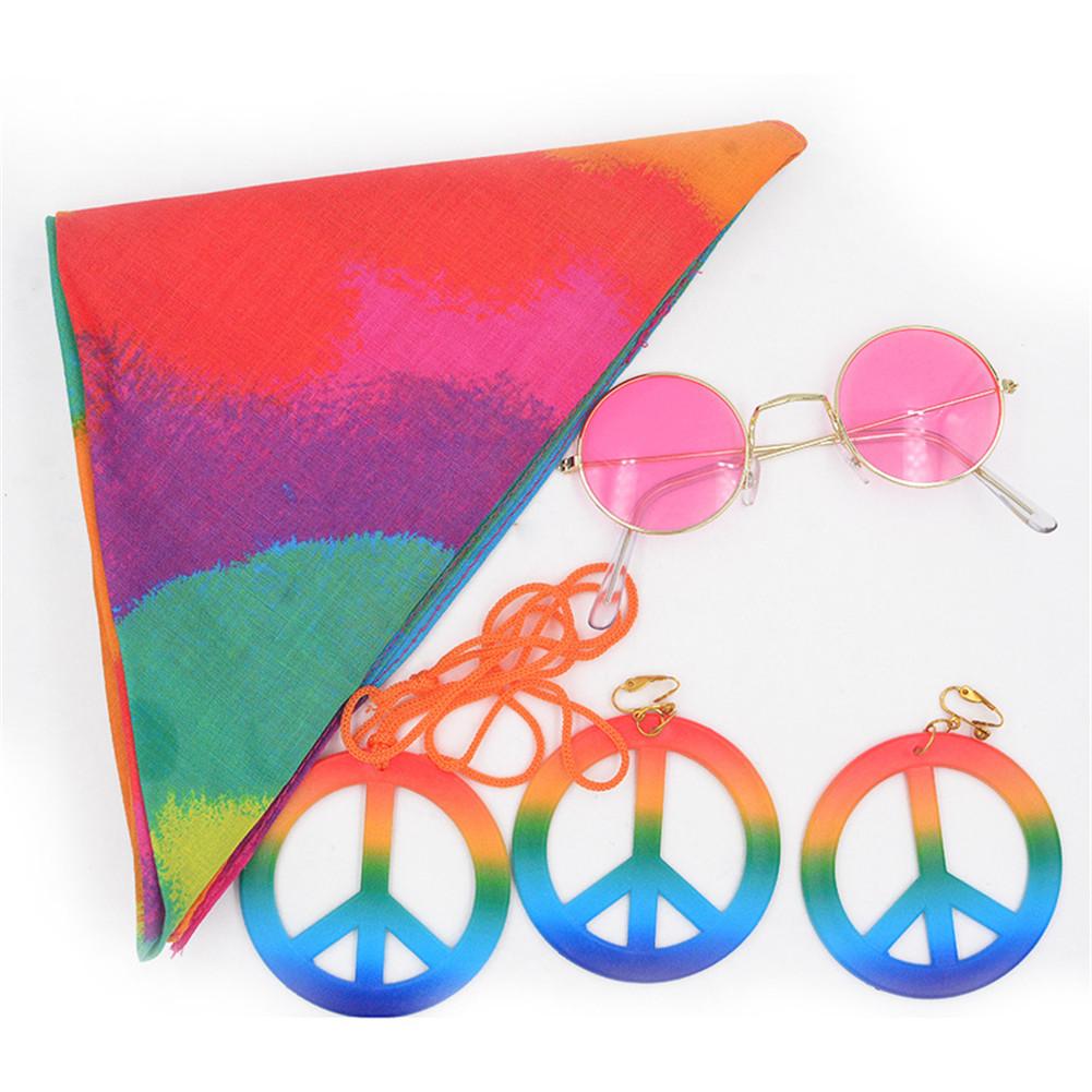 Hippie Sunglasses Peace Sign Pendant Earrings Rainbow Hood 60 or 70's Hippie Dress Up Accessories Decorative Set