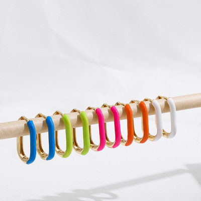 Fashion Candy Color Geometric Enamel Earrings Gold Plated Oil Drip Oval U Shape Clip On Earrings