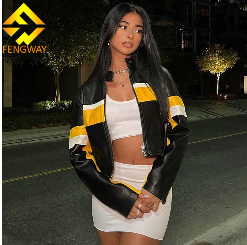 Fengway 2024 New Fashion Street Motorcycle Jacket Women Zipper Short Jacket Patchwork Pu Leather Jacket