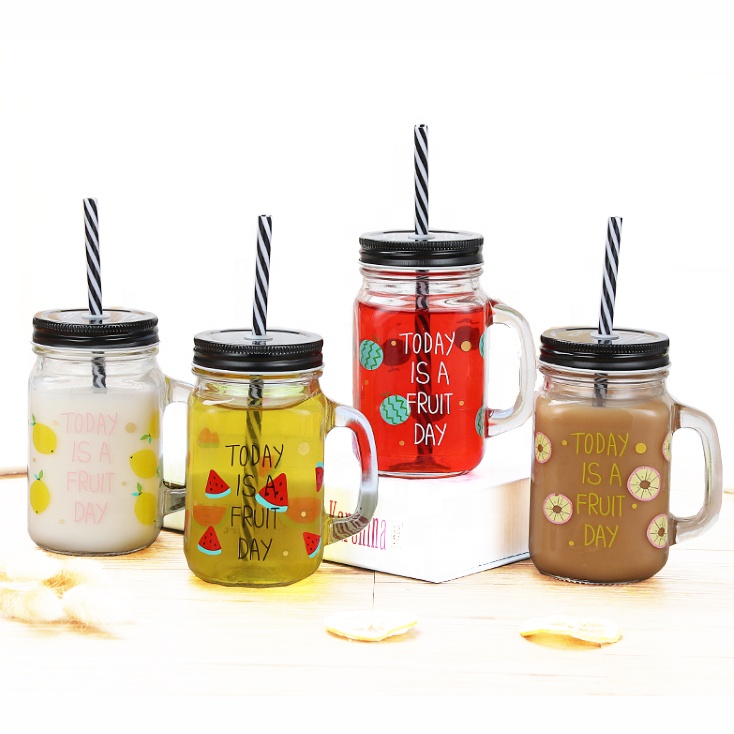 16oz 20oz стеклянная питьевой банку с жестяной крышкой железа и соломы и различными наклейка печать на стекле