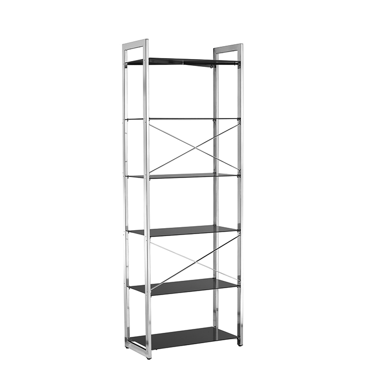 Multi-function 6 Tiers Chrome Metal Frame Glass Shelf Bookcase