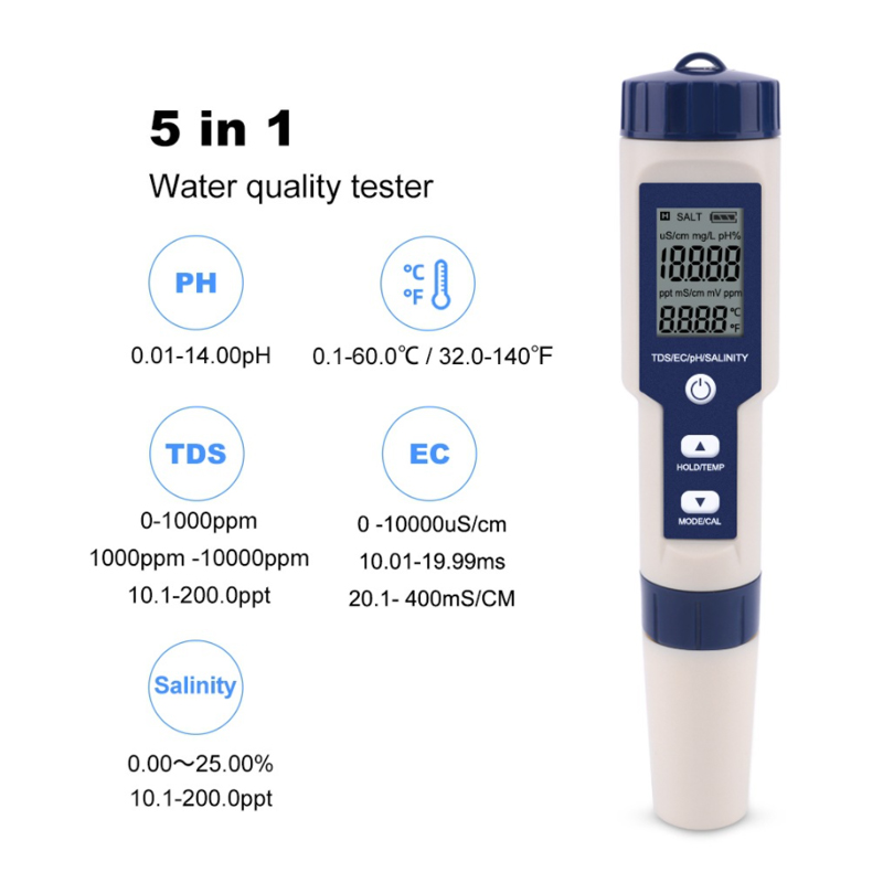 Оптовая продажа 5 в 1 pH/EC/TDS счетчик воды для аквариума pH/TDS метр