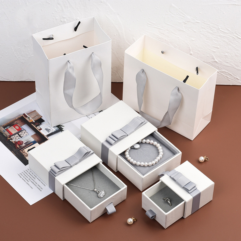 Luxury Wedding Sliding Black Paper Cardboard Ribbon Bow Gift Bag Packaging Printed Drawer Jewelry Box