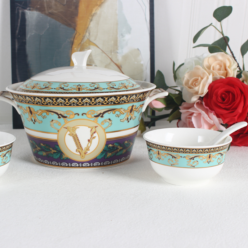 New Arrival Home Tableware Royal Gold Inlay Soup Tureen Ceramic Porcelain Soup Tureen With Luxury Decal