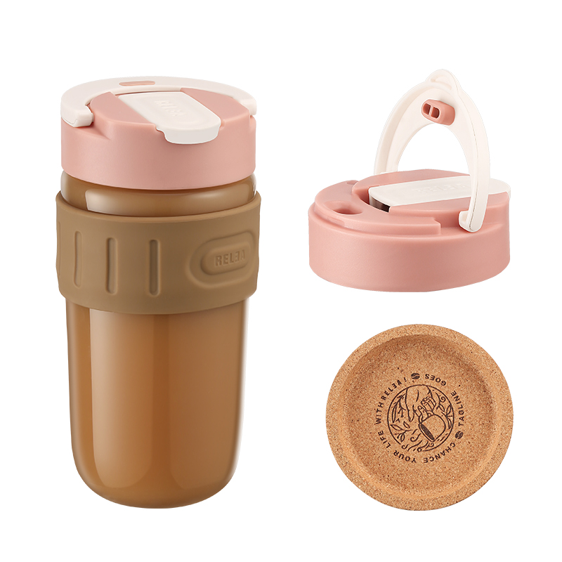 RELEA 360ml 520ml office Mug with Lid Silicone Sleeve or Cork Reusable Keep Borosilicate Glass Coffee Cup With PE straw