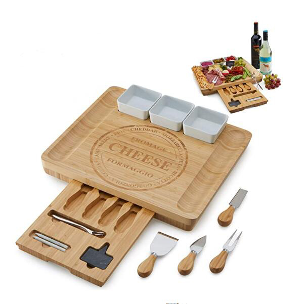 Bamboo Wooden Cheeseboard Large Cheese Board Set Charcuterie Board with Ceramic Bowls