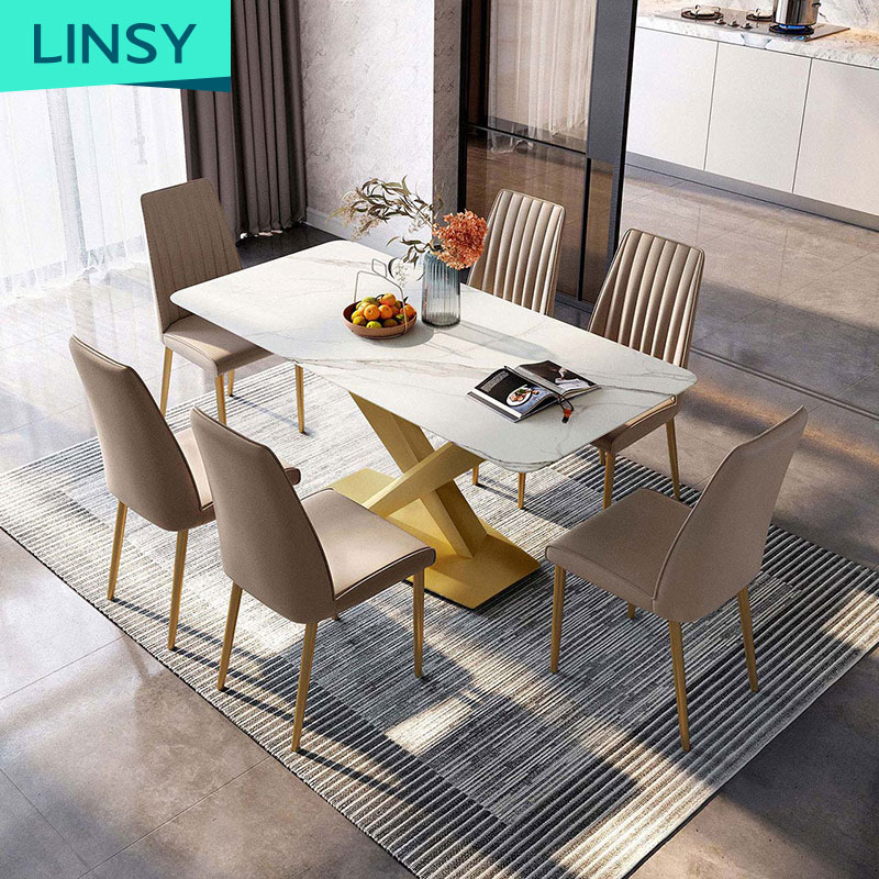 Linsy Nordic Style Luxury Dining Room 8 Seater Gold Stainless Steel Modern Granite Marble Top Dining Table And Chair Sets Ji6R