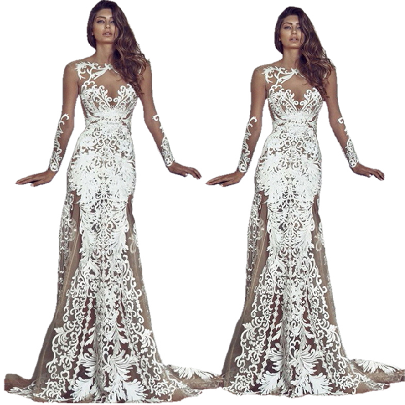 RM1148 2021 Autumn New Womens Long Sleeve Perspective Mesh Embroidered Wedding Dress Bridal Gown Wedding Dresses For Women
