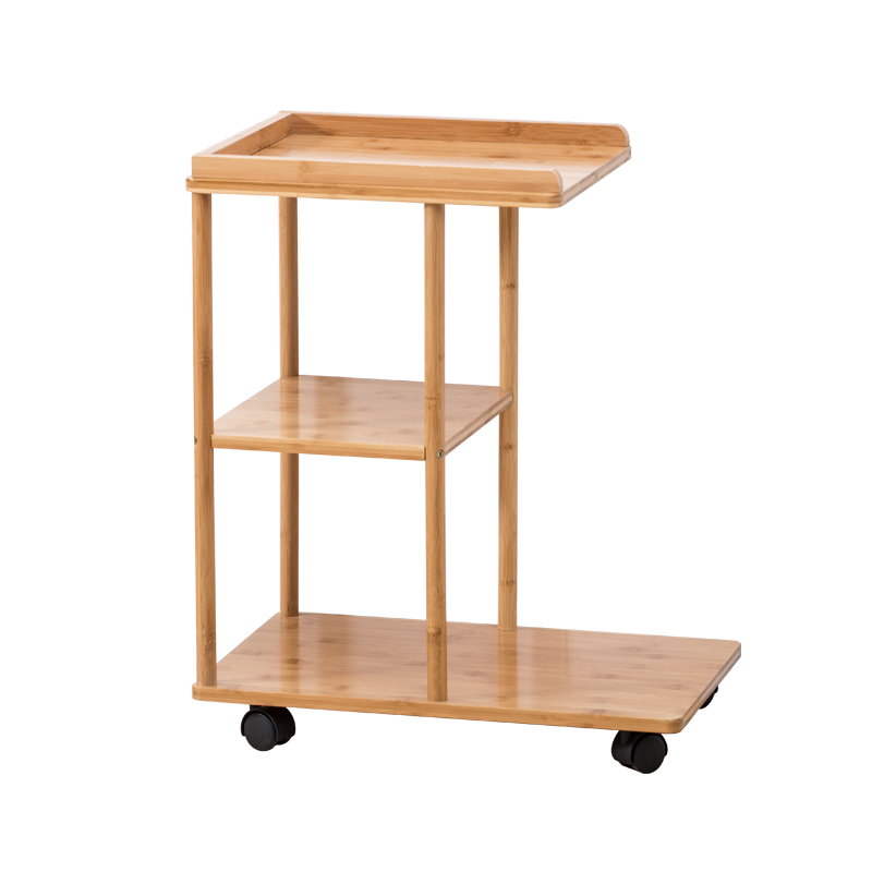 Bamboo 3tiers Sofa Side Table Mobile Snack Coffee Tray End Table with Wheels for Living Room Bedroom Small Spaces