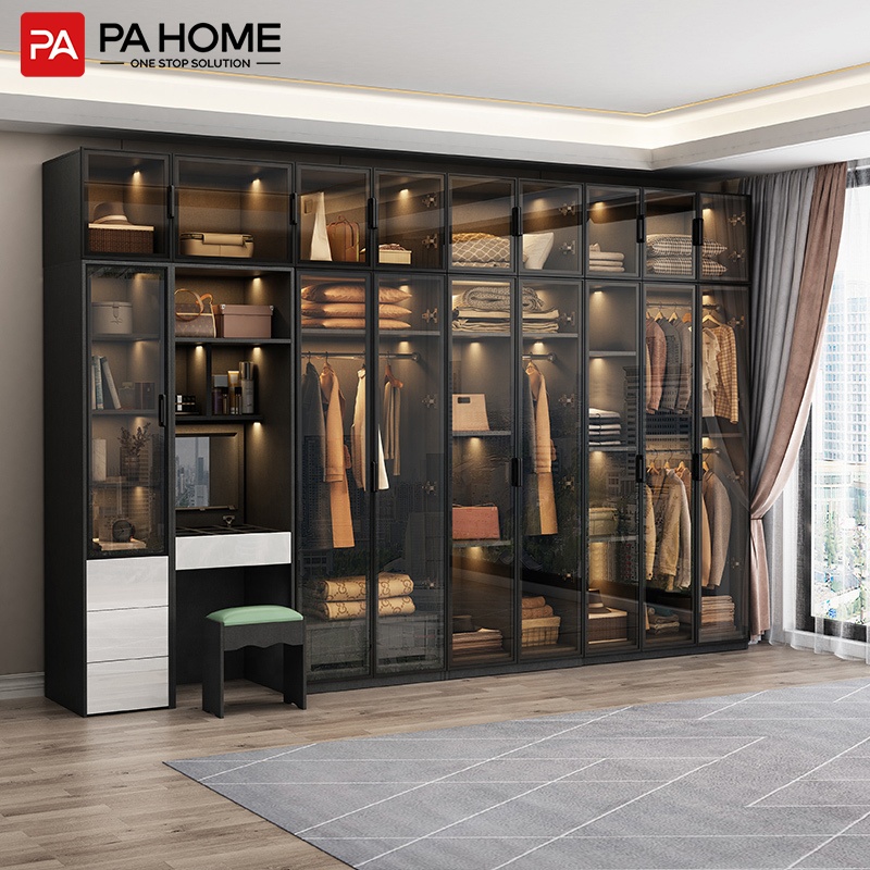 PA furniture modern bedroom custom closet glass door wooden wardrobe
