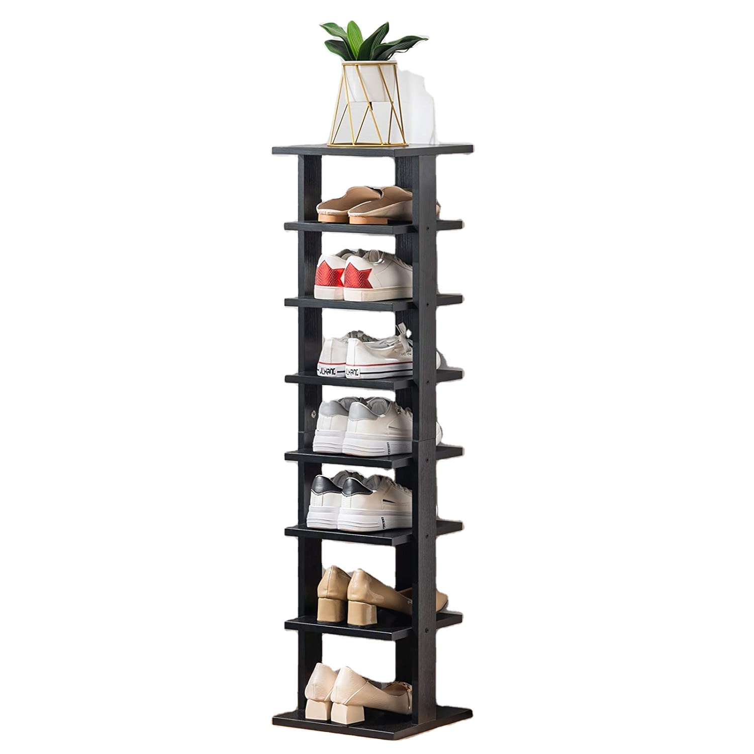Black Zapatero 7 Tier Storage Stand Space Saving Vertical Entryway Tower Modern Organiser Display Wooden Shoes Store Rack