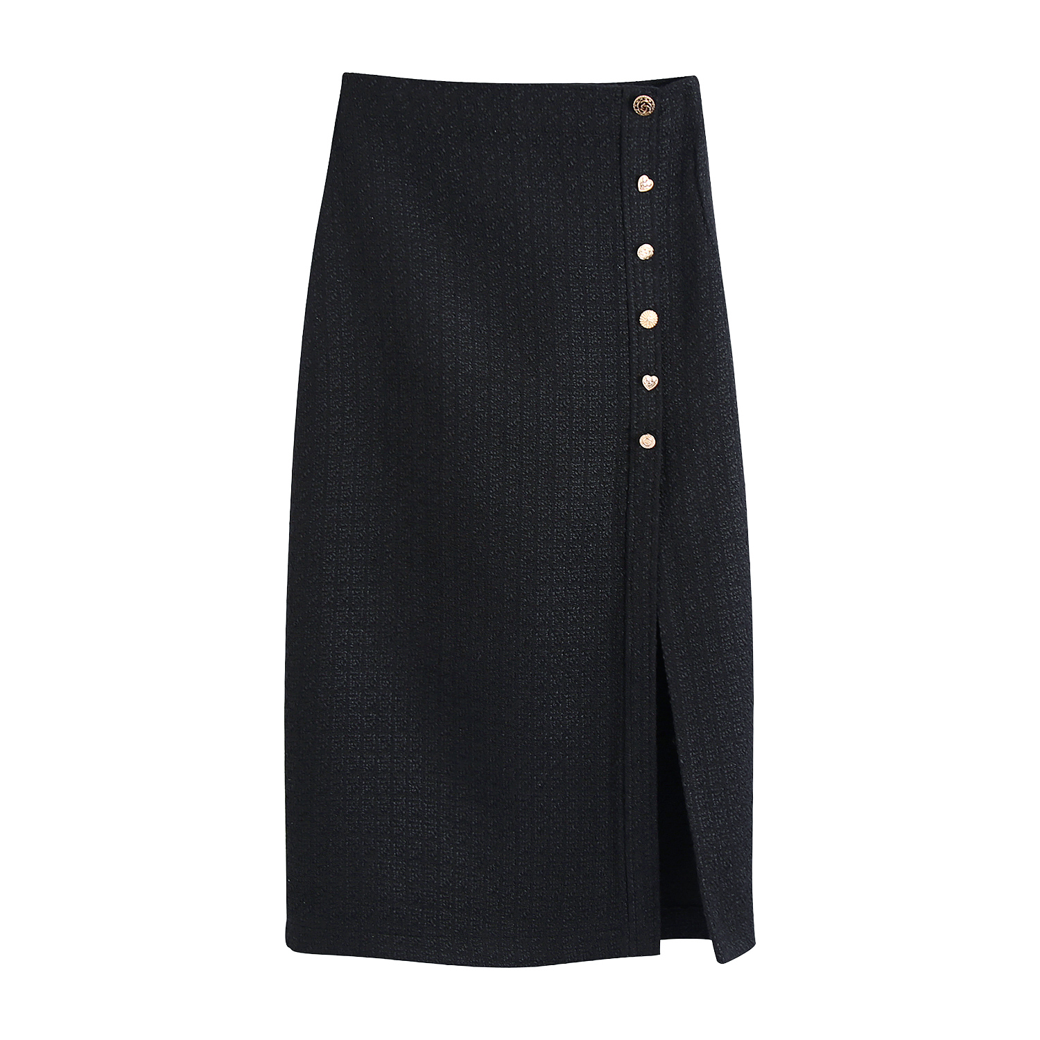 Black color side buttons and slit fashion casual long tweed skirts for women
