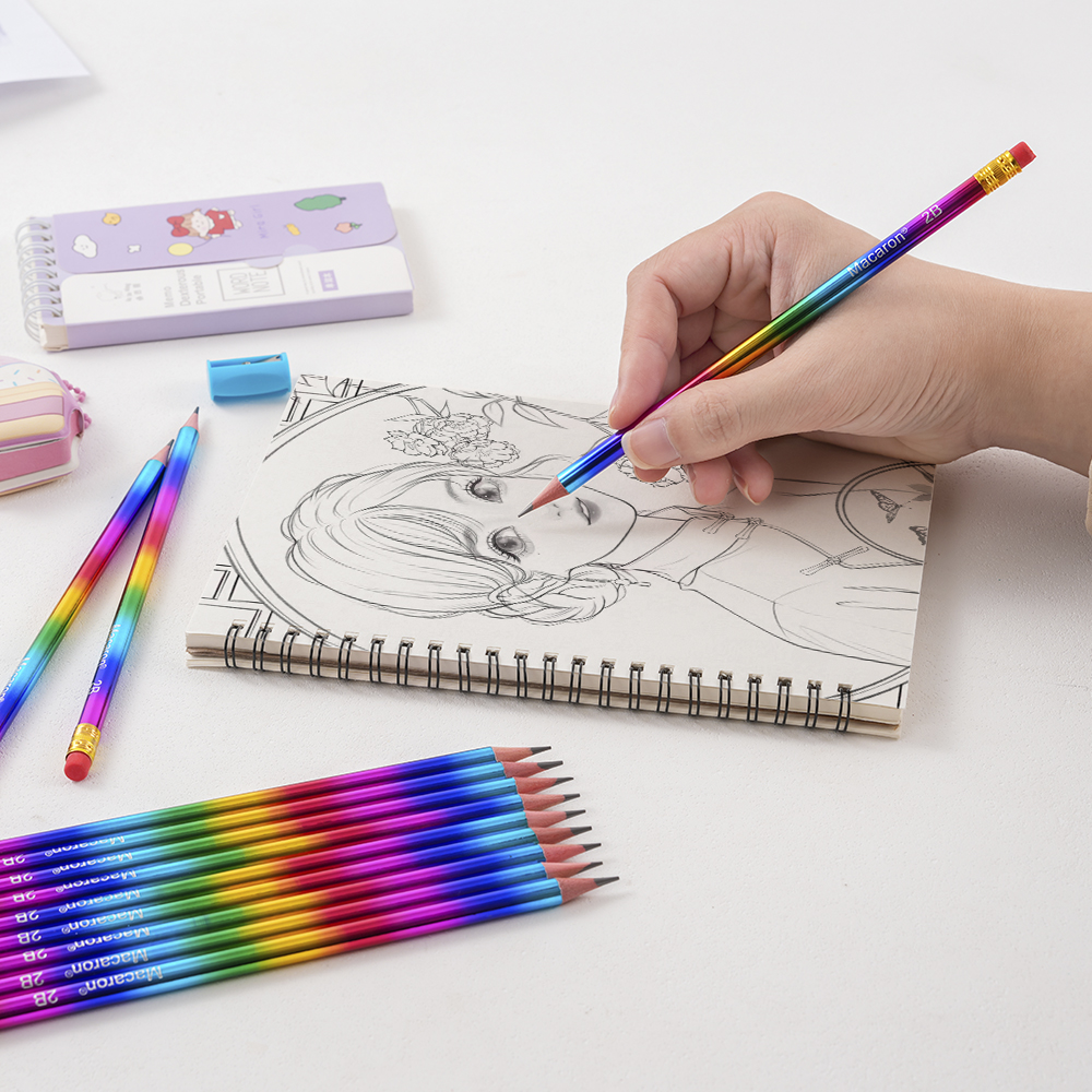 Xin Bowen 12Pieces Laser Painted Handle Quality HB Pencil Stationery Tools For Education Work With Eraser Head
