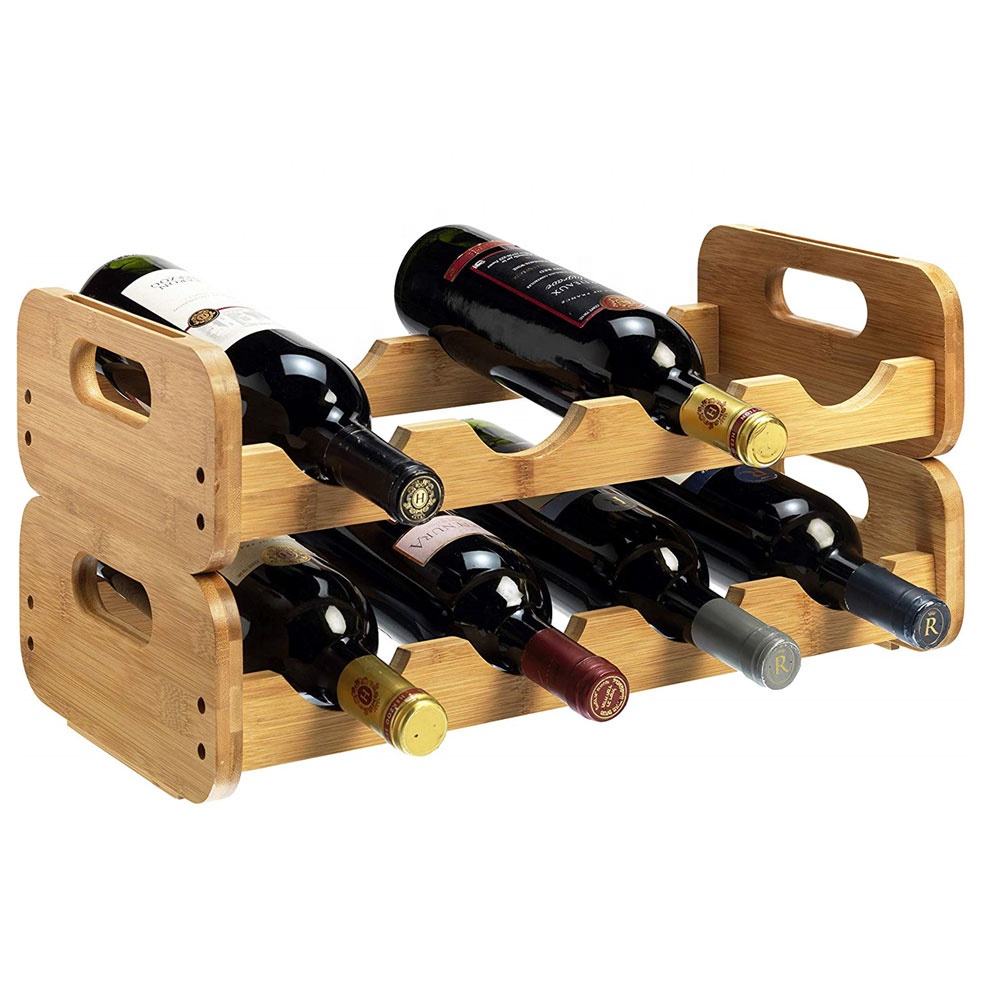 Open Modular Natural Bamboo Countertop Wine Rack Double Layer 8-Bottle Bamboo Wine Bottle Holder