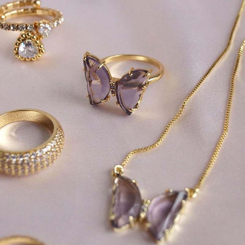 New Fashion Vintage Crystal Glass Butterfly Ring For Women Metal Opening Rings Female Colorful Transparent Geometric Ring