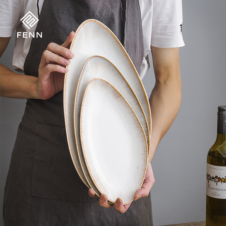 Fenn 9 1113 15 inch irregularly shaped cobblestone leaf shape ceramic plate platos are suitable for hotel family wedding dinner