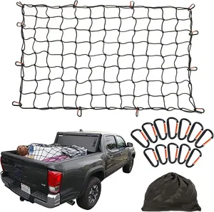 Cargo Net For Pickup Truck Bed Stretches Heavy Duty Small 4x4Latex Bungee Net Mesh With 12 Metal Carabiners