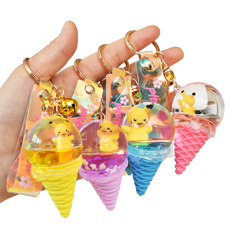 Creative Cute Cartoon Acrylic Liquid Quicksand Pikachu Ice Cream Keychain Bag Pendant Keyring