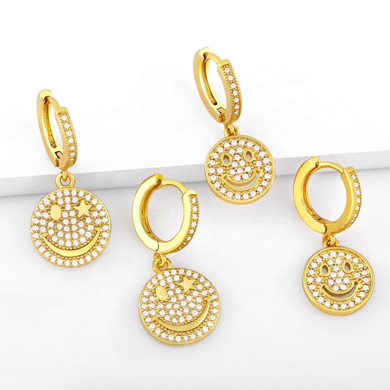 Funny Pendant Drop Earrings For Women Gift Brass 18k Gold Plating Smiley Face Hoop Earring