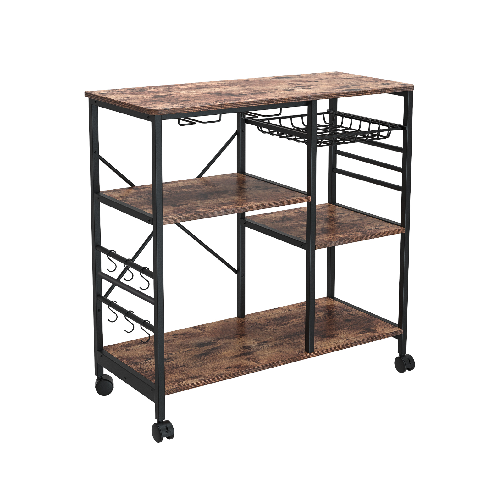 Kitchen Shelf Microwave Oven Rack Board with 6 Hooks and 4 Removable Stop Wheels, Suitable for Kitchen/Home Office/Bathroom (Bro