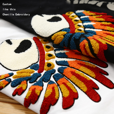 Custom logo mens chenille embroidery t shirt fashion tshirt with chenille embroidery