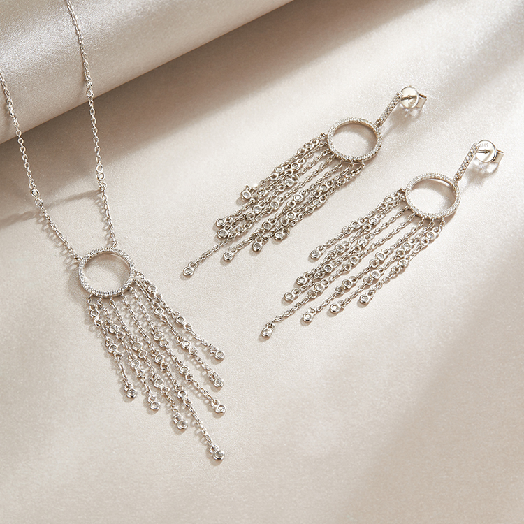 925 Silver Long Drop Tassel Jewelry Sets Necklace Earrings Clear CZ Stone Circle Long Tassel Necklace Earrings Jewelry Sets