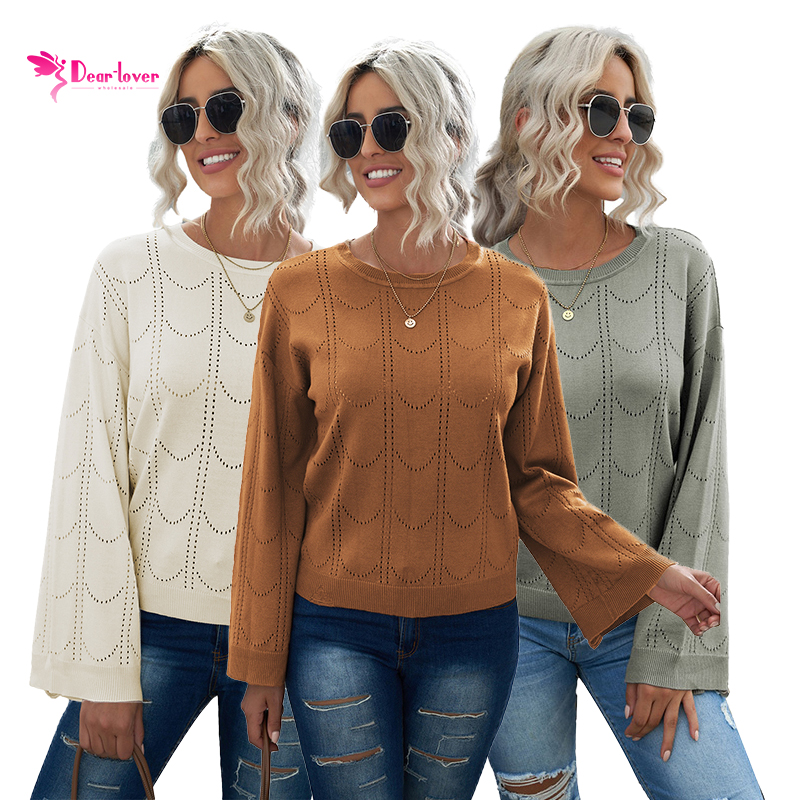 2021 New Design Bell Sleeves Top Pullover Sweaters Women Solid Color Hollow Out Oversized Knit Sweater