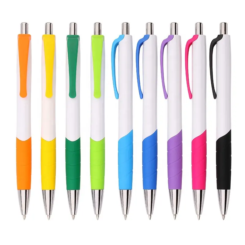 Customized logo printed solid white plastic ballpoint pen with colored clip and grip
