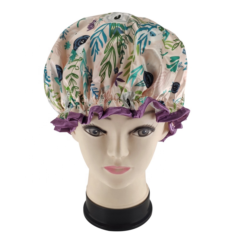 QUIET GIRL high quality Printing shower caps low MOQ large enough elastic double layer satin sea grass shower cap