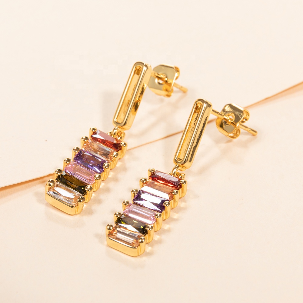 Gradual change colorful zircon diamonds 18k real gold plated bar shape drop earrings for women jewelry