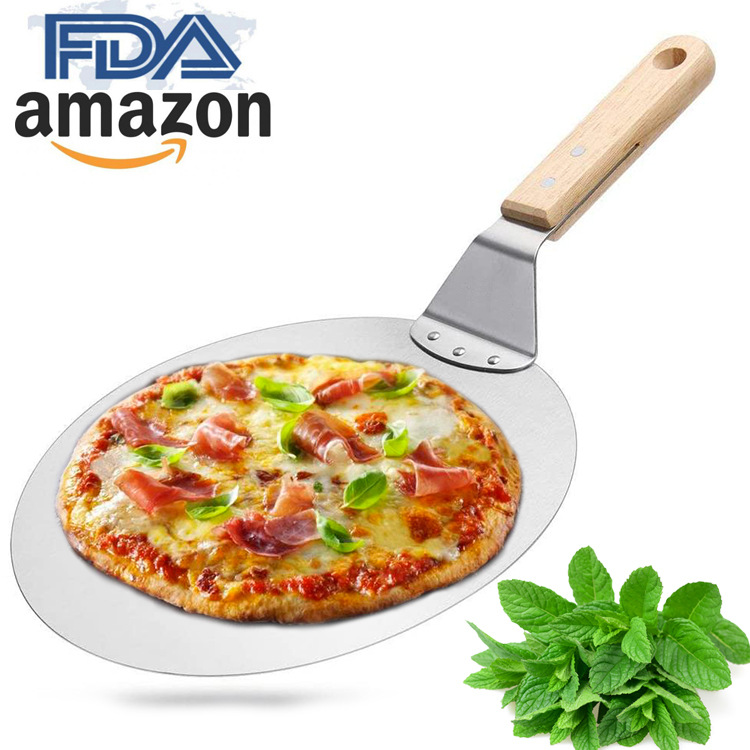 Hot Sale 3pcs Round Stainless Steel Metal Pizza Peel Kit Pizza Cutter Wheel Pizza Shovel Set With Wood Handle For Serving Food