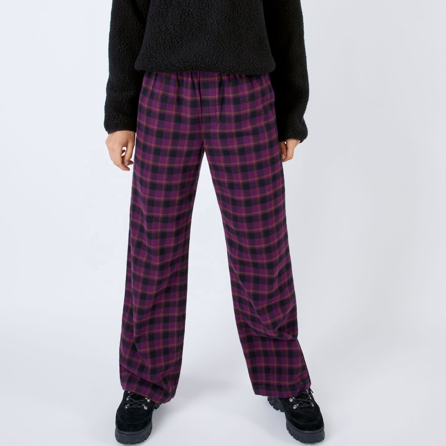 New coming Mid-rise 100% organic cotton inseam pocket back pockets flannel elastic waist pants plaid joggers loose sweatpants